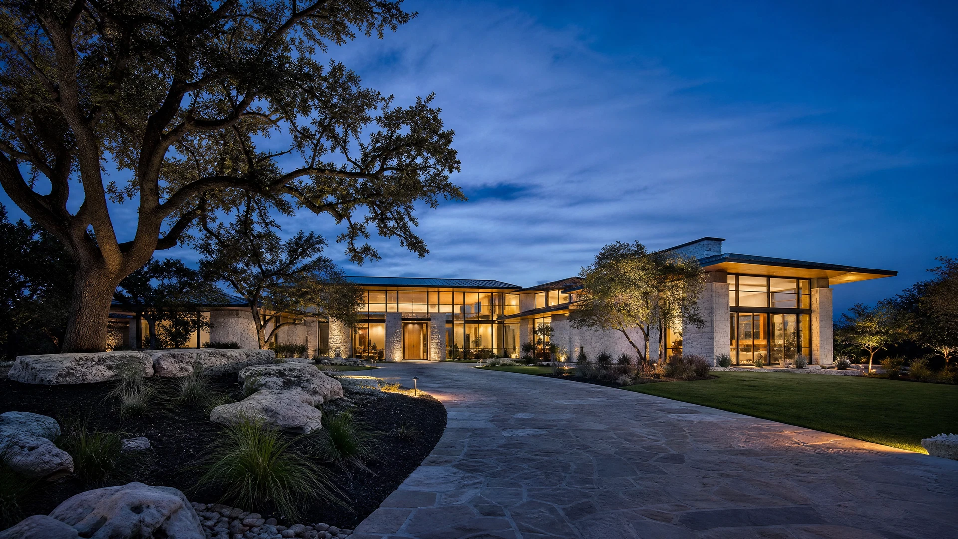Luxury Texas hill country estate at dusk